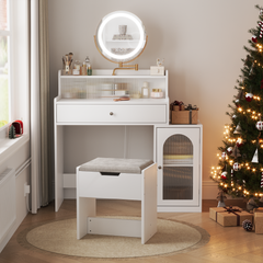 HAOYYE White Vanity Desk with 360° Rotated Mirror and Adjustable Lights, Girls Makeup Vanity Table with Storage Drawer, Side Cabinet with Waveform Glass Doors, Stylish Dressing Table with Chair for Bedroom, Elegant Storage Solution for Beauty Essentials.