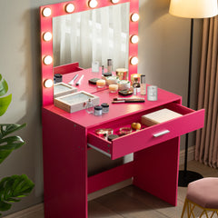 HAOYYE Vanity Desk with Mirror and Lights, Dressing Table with Large Drawer, 1 Level Storage Dresser & 3 Lighting Modes Adjustable Brightness, Suitable for Bedroom(Pink)