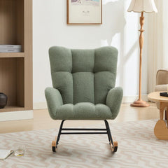 Haoyye Modern Upholstered Nursery Rocking Chair with High Backrest, Teddy Fabric Glider Accent Armchair with Solid Wood Legs and Metal Frame, Comfortable Rocker for Bedroom, Living Room or Lounge, Gentle Swing Chair in Green