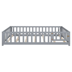 HAOYYE Full Size Floor Platform Bed with Fence and Door for , Montessori Floor Bed Frame with Support Slats for Toddlers, Wooden Floor Bed Grey Sturdy Space-Saving Heavy Duty Modern Design Adults