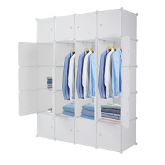HAOYYE Modular 20-Cube Plastic Storage Organizer with Hanging Rod, Stackable Closet Shelves, Durable Multipurpose Storage Cabinet, Space-Saving Design for Clothes, Shoes, Accessories, Bedroom, Living Room, Office, White
