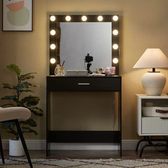 HAOYYE Vanity Desk with Mirror and Lights, Dressing Table with Large Drawer, 1 Level Storage Dresser & 3 Lighting Modes Adjustable Brightness, Suitable for Bedroom(Black)