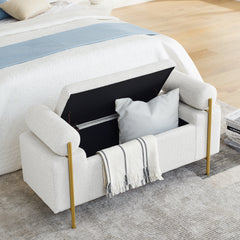 HAOYYE Elegant Upholstered Linen Storage Bench with Cylindrical Arms and Iron Legs for Hallway Living Room Bedroom, White Sturdy Space-Saving Heavy Duty Modern Design Adults Dorm Room Easy Assembly