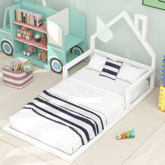HAOYYE Twin Size Wood Floor Bed with House-shaped Headboard, White Sturdy Space-Saving Heavy Duty Modern Design Adults Dorm Room Easy Assembly Bedroom Furniture