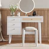 HAOYYE 39" Retro Bohemian Style Wooden Makeup Vanity Set with Charging Plug&USB Port and Stool, Dressing Table with 3 Storage Drawers and 1 Rectangular Rattan Drawer, White