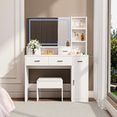HAOYYE White dressing table with LED 3-color illuminated mirror and power outlet, dressing table with drawers, storage box and shelf, dressing table with bedroom cushioned stool