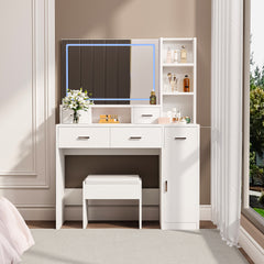 HAOYYE White dressing table with LED 3-color illuminated mirror and power outlet, dressing table with drawers, storage box and shelf, dressing table with bedroom cushioned stool