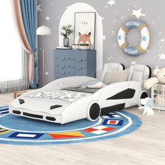 HAOYYE Twin Size Race Car-Shaped Platform Bed with Wheels, White Sturdy Space-Saving Heavy Duty Modern Design Adults Dorm Room Easy Assembly Bedroom Furniture