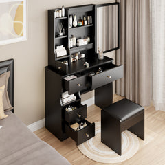 HAOYYE Left Drawer Desktop Vanity Table With Cushioned Stool, Modern Multi-Layer Storage Makeup Desk With Sliding Mirror, Stylish Functional Dresser For Compact Spaces, Ideal For Users Up To 5.6ft Tall