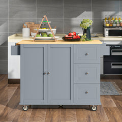 HAOYYE Rolling Mobile Kitchen Island With Solid Wood Top, Storage Cabinet, Drop Leaf Breakfast Bar, Spice Rack, Towel Rack, And Drawer, Grey Blue, Sturdy Space-Saving Design With Locking Wheels