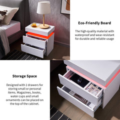 HAOYYE LED Nightstand Bedside Table Cabinet with 2 Drawers, Modern End Table for Bedroom, Sturdy Space-Saving Heavy Duty Construction, White, Ideal for Adults and Dorm Rooms, Easy to Assemble