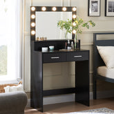 HAOYYE Vanity Desk with Mirror and Lights, Dressing Table with Large Drawer, Two-Level Storage Dresser, and Adjustable Brightness with Three Lighting Modes, Black, Sturdy Space-Saving Design, Heavy Duty Construction, Stylish and Durable Home Furniture