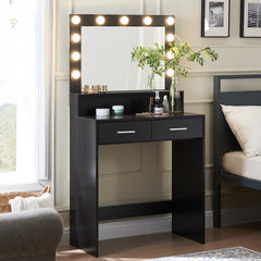 HAOYYE Vanity Desk with Mirror and Lights, Dressing Table with Large Drawer, Two-Level Storage Dresser, and Adjustable Brightness with Three Lighting Modes, Black, Sturdy Space-Saving Design, Heavy Duty Construction, Stylish and Durable Home Furniture