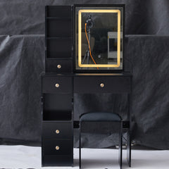 HAOYYE Compact Vanity Desk with Left Drawer, Cushioned Stool, Sliding Touch LED Mirror, Tri-Color Lighting, Adjustable Brightness, Multi-Layer Storage, EPA GCC UL Certified for Small Spaces