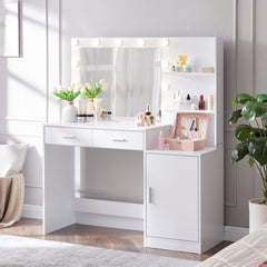 HAOYYE Vanity Desk with Mirror and Lights, 46.4IN Dressing Table with 2 Large Drawer&Large Vertical Organizer, 3 Level Dresser & 3 Lighting Modes Adjustable Brightness, Suitable for Bedroom(White)