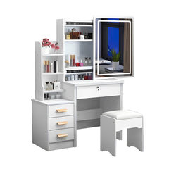 HAOYYE Fashion Vanity Desk with Mirror and Lights for Makeup and Chair, Vanity Mirror with Lights and Table Set with 3 Color Lighting Brightness Adjustable, 4 Drawers, White Color Sturdy Space-Saving Durable