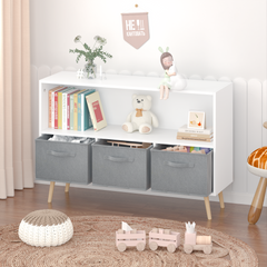 HAOYYE Bookcase with Collapsible Fabric Drawers, Book Display and Toy Storage Cabinet Organizer, White/Gray, Sturdy Space-Saving Design, Heavy Duty Construction, Easy Assembly, Durable and Stylish Home Furniture
