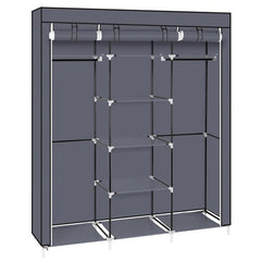 DE Direct HAOYYE Portable Clothes Closet Wardrobe with Double Hanging Rods and Shelves Non-Woven Fabric Storage Organizer for Bedroom Apartment Entryway Walk-In Closet Easy to Assemble Space-Saving Dustproof Design in Gray