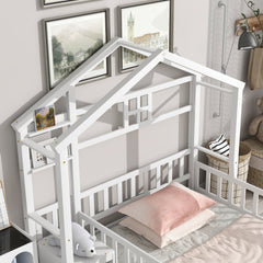 HAOYYE Twin Size House Shape Headboard Floor Bed with Guardrails, Slats Support, Nightstand ,White Sturdy Space-Saving Heavy Duty Modern Design Adults Dorm Room Easy Assembly Bedroom Furniture