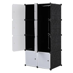 HAOYYE 8-Cube Modular Storage Organizer With Hanging Rod, White Doors And Black Panels, Durable Stackable Plastic Shelving, Space-Saving Closet Cabinet, Versatile And Multifunctional Storage Solution For Bedroom, Office, Living Room, And Home Organization