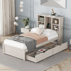 HAOYYE Modern Twin Size Bed Frame with Built-In USB Port on Bookcase Headboard and Two Drawers for White Washed Color, Sturdy Space-Saving Design, Heavy Duty Construction, Easy Assembly, Durable and Stylish Home Furniture