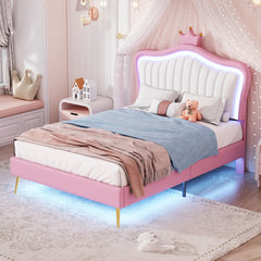 HAOYYE Twin Size Upholstered Bed Frame with LED Lights, Modern Upholstered Princess Bed With Crown Headboard,White+Pink Sturdy Space-Saving Heavy Duty Modern Design Adults Dorm Room Easy Assembly