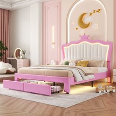 HAOYYE Full Size Upholstered Bed Frame With LED Lights, Modern Princess Bed With Crown Headboard And 2 Drawers, Pink And White, Sturdy Space-Saving Heavy Duty Design For Adults And Dorm Rooms