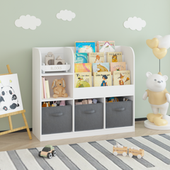 HAOYYE Bookcase and Bookshelf, Multifunctional Display Stand With 3 Collapsible Fabric Drawers, Toy Storage Organizer for Bedroom, Playroom, or Hallway, White/Gray, Sturdy Space-Saving Design