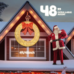 HAOYYE 48in Pre-Lit Outdoor Christmas Wreath Decoration with 315 LED Lights, Metal Holiday Decor for Home Exterior and Garden, Festive Gold and Red Bow, Energy Efficient, Weather Resistant, Easy to Hang