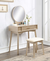 HAOYYE Maly Contemporary Wood Vanity and Stool Set, Gold Makeup Vanity Table with Storage Drawer, Elegant Dressing Table with Round Mirror and Cushioned Stool, Stylish and Compact Vanity Desk for Bedroom, Apartment, or Makeup Room