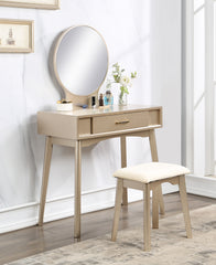 HAOYYE Maly Contemporary Wood Vanity and Stool Set, Gold Makeup Vanity Table with Storage Drawer, Elegant Dressing Table with Round Mirror and Cushioned Stool, Stylish and Compact Vanity Desk for Bedroom, Apartment, or Makeup Room