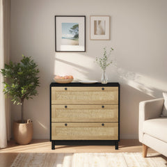 HAOYYE 3-Drawer Storage Cabinet with Rope Woven Drawers, Sturdy Black Design for Bedroom, Living Room, Dining Room, Hallways, Heavy Duty, Space-Saving, Durable, Easy Assembly, Stylish and Versatile Home Furniture