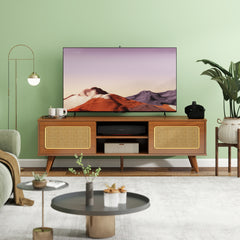 HAOYYE Mid Century Modern Rattan TV Stand for 55/60/65 inch TV , Entertainment Cabinet, Media Console for Living Room Bedroom Media Room, Solid Wood Feet & Rattan Cabinet Doors (Walnut, 59") Sturdy