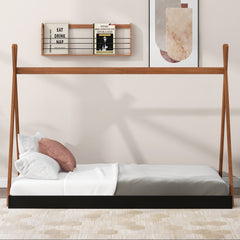 HAOYYE Twin Size Tent Floor Bed with Triangle Structure, Black+Brown Sturdy Space-Saving Heavy Duty Modern Design Easy Assembly Durable Stylish Home Furniture Versatile