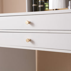 HAOYYE Vanity Desk With Lighted Mirror, Makeup Table With Drawers And Storage Cabinet, Glass Desktop, Adjustable Brightness, Storage Stool, Modern White Design For Bedroom, Sturdy Space-Saving Construction