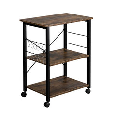 HAOYYE 3-Tier Baker's Rack Kitchen Utility Storage Cart with Microwave Oven Stand, Vintage Wood Grain Top and Black Metal Frame, Industrial Workstation Shelf with Hooks for Spices Cookware Appliances for Home Apartment Pantry Dining Room