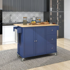 HAOYYE Rolling Mobile Kitchen Island with Drop Leaf - Solid Wood Top, Locking Wheels & Storage Cabinet 52.7 Inch Width(Dark blue) Sturdy Space-Saving Heavy Duty Modern Design Adults Dorm Room