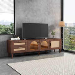HAOYYE Rattan TV Stand with 3 Cabinets & 2 Drawers, Rattan-Inspired Media Console Table for TVs up to 80", LED Light Entertainment Center, TV Cabinet for Living Room, Bedroom, Home Theater, Sturdy Heavy Duty Construction