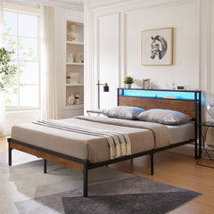 HAOYYE Full Size Metal Platform Bed Frame with Wooden Headboard and Footboard with USB LINER, LED Lights, No Box Spring Needed, Large Under Bed Storage, Easy Assemble Sturdy Space-Saving Heavy Duty