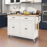 HAOYYE Kitchen Island Cart with Solid Wood Top, Locking Wheels, Four Door Cabinet, Two Drawers, Spice Rack, and Towel Rack, White, Sturdy Space-Saving Design, Heavy Duty Construction, Easy Assembly, Durable and Stylish Home Furniture