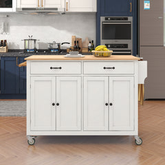 HAOYYE Kitchen Island Cart with Solid Wood Top, Locking Wheels, Four Door Cabinet, Two Drawers, Spice Rack, and Towel Rack, White, Sturdy Space-Saving Design, Heavy Duty Construction, Easy Assembly, Durable and Stylish Home Furniture