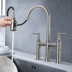 HAOYYE Bridge Kitchen Faucet with Pull-Down Sprayhead in Spot Sturdy Space-Saving Heavy Duty Modern Design Adults Dorm Room Easy Assembly Bedroom Furniture