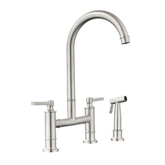 Haoyye Double Handle Bridge Kitchen Faucet with Side Sprayer, 360° Swivel High Arc Faucet with Dual Handle Control, Brushed Nickel SUS304 Stainless Steel Construction, Water-Saving Aerator, Modern Design for Home Kitchen, Easy to Install