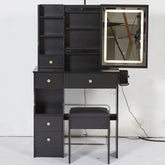 HAOYYE Compact Vanity Table With Left Drawer, Cushioned Stool, Touch-Control LED Mirror, Tri-Color Lighting, 2 AC & 2 USB Power Outlets, Hair Dryer Bracket, Certified by EPA, GCC, and UL