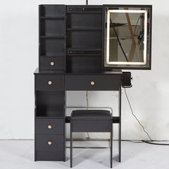 HAOYYE Compact Vanity Table With Left Drawer, Cushioned Stool, Touch-Control LED Mirror, Tri-Color Lighting, 2 AC & 2 USB Power Outlets, Hair Dryer Bracket, Certified by EPA, GCC, and UL