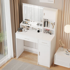 HAOYYE Vanity Desk With Mirror And LED Lighting, Dressing Table With Large Drawer And Multiple Storage Levels, 3 Lighting Modes With Adjustable Brightness, Modern White Design For Bedroom, Sturdy Space-Saving Construction