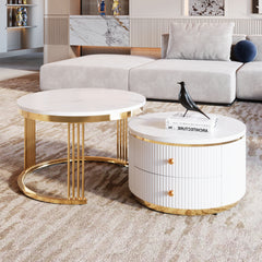 HAOYYE Modern 2-Piece White Round Nesting Coffee Table with Drawers, Sturdy and Space-Saving Design, Heavy Duty Construction, Ideal for Living Room, Bedroom, and Dorm Rooms, Easy Assembly for Adults