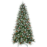 HAOYYE Artificial Green Christmas Tree with Mixed PE and PVC Branch Tips, Red Fruit and Pine Cone Decorations, Hinged Foldable Base, Fireproof PVC Material, Easy Assembly and Storage, Sturdy Hardware Pole for Indoor Holiday Decor