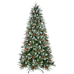 HAOYYE Artificial Green Christmas Tree with Mixed PE and PVC Branch Tips, Red Fruit and Pine Cone Decorations, Hinged Foldable Base, Fireproof PVC Material, Easy Assembly and Storage, Sturdy Hardware Pole for Indoor Holiday Decor