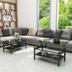 HAOYYE Glass Lift Top Coffee Table, Modern Simple 2-Layer Tempered Glass Coffee Table for Living Room, Black Sturdy Space-Saving Heavy Duty Modern Design Adults Dorm Room Easy Assembly Bedroom Furniture